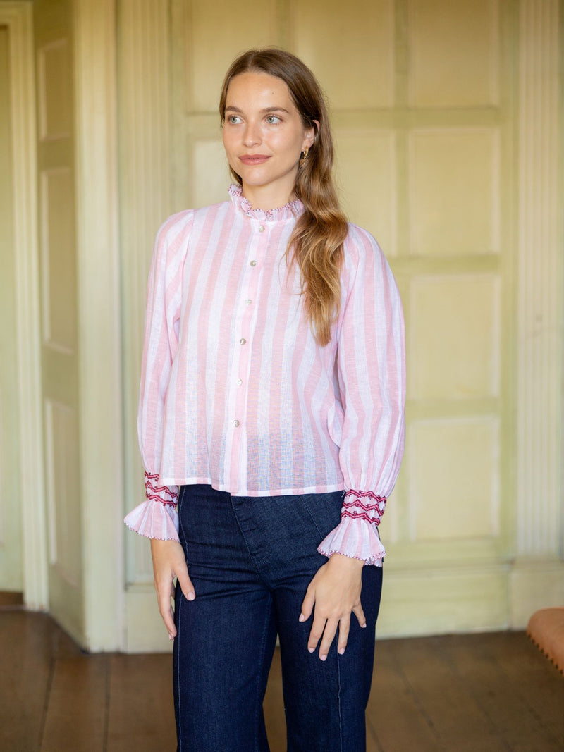 Shelley Blouse Powder Pink Stripe with Copper Beech Hand Smocking Edition 17