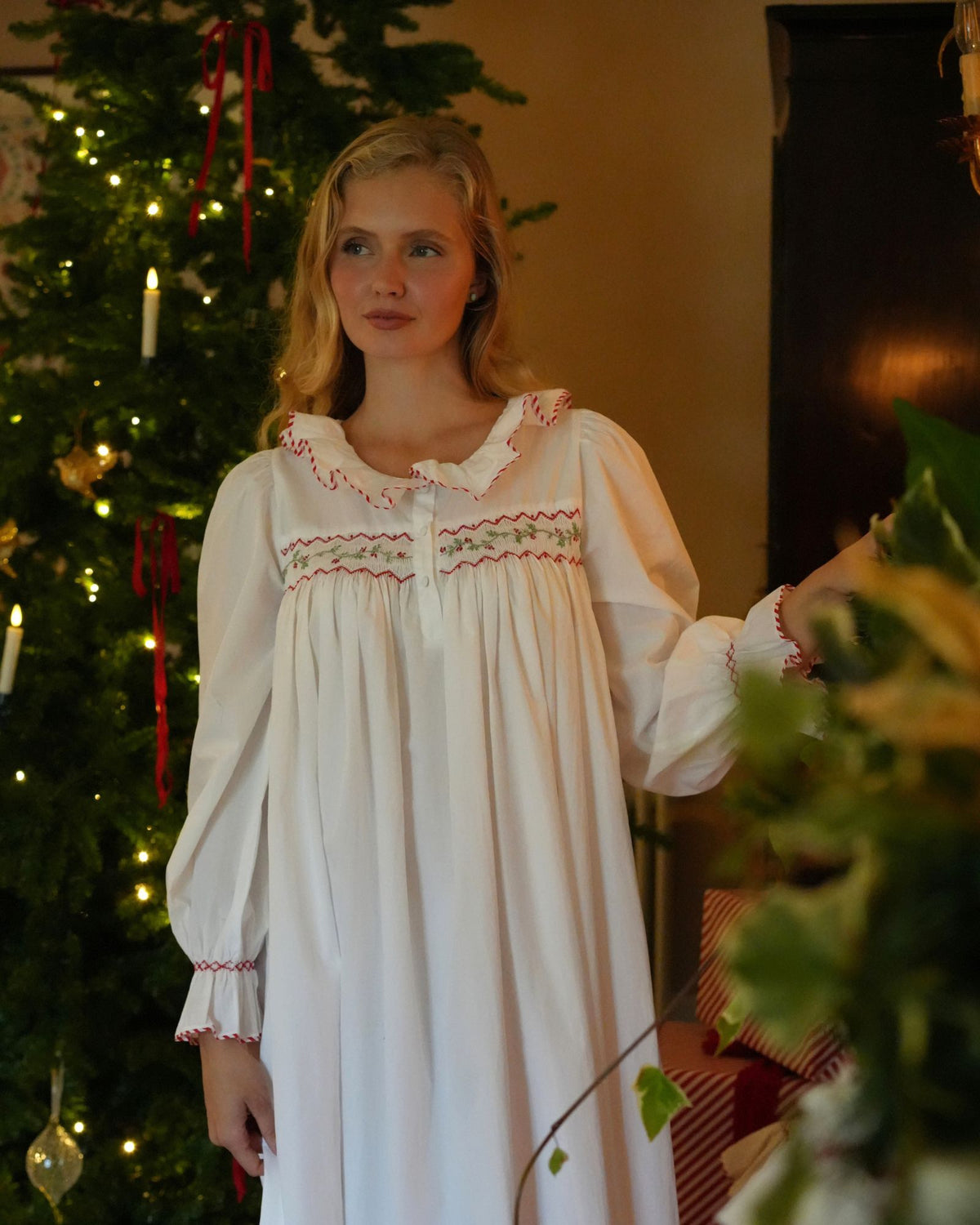 Nightingale Women's Dress with Candy Cane Piping and Christmas Garland Hand Smocking