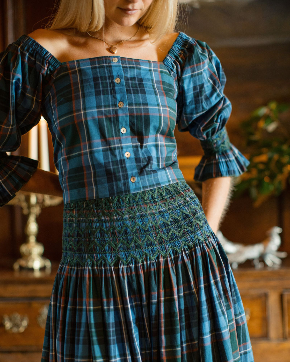 Sappho Blouse St Andrews Tartan with Holly Leaf Hand Smocking