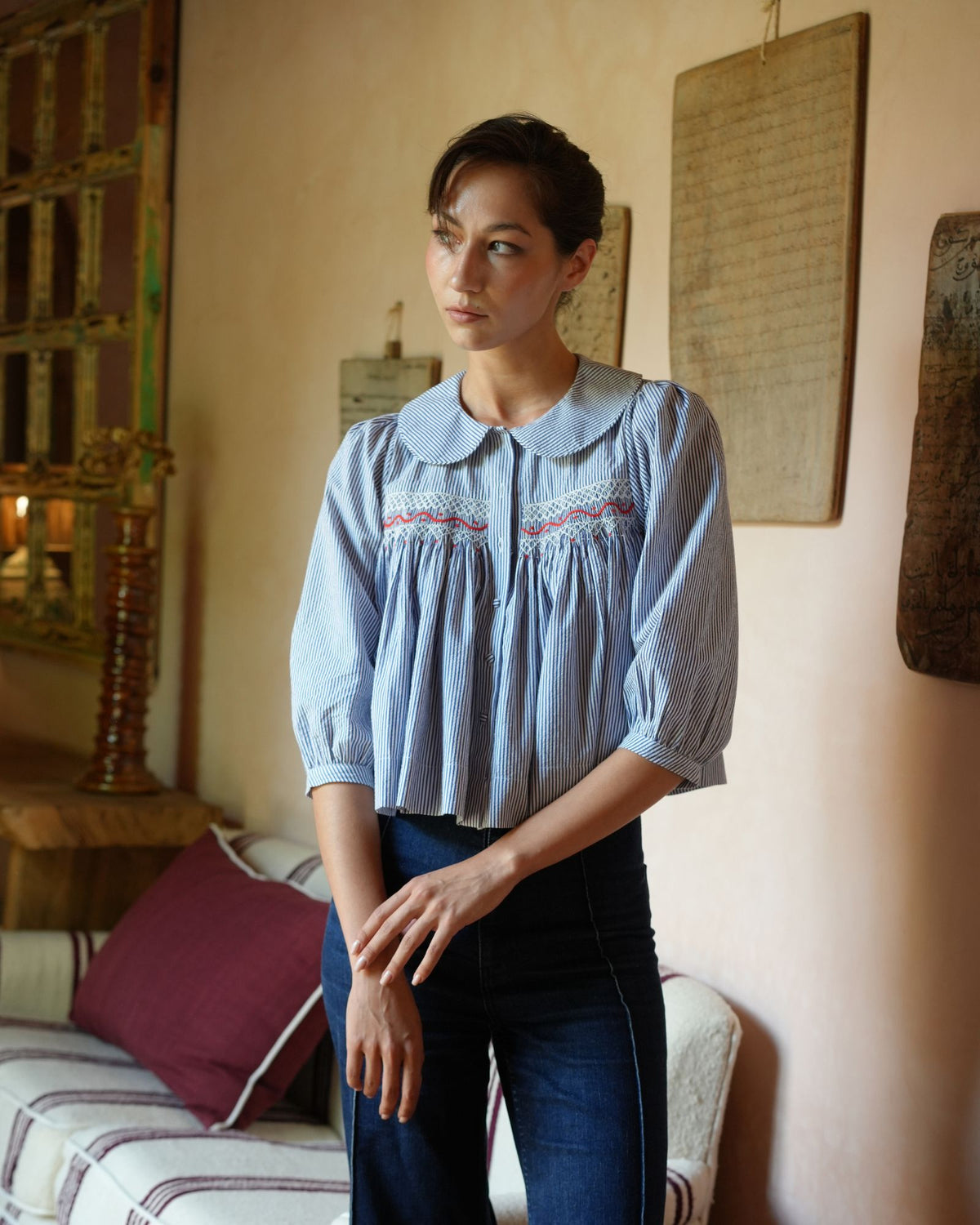 Marie Curie Blouse Nautical Stripe Seersucker with Red and White Hand Smocking