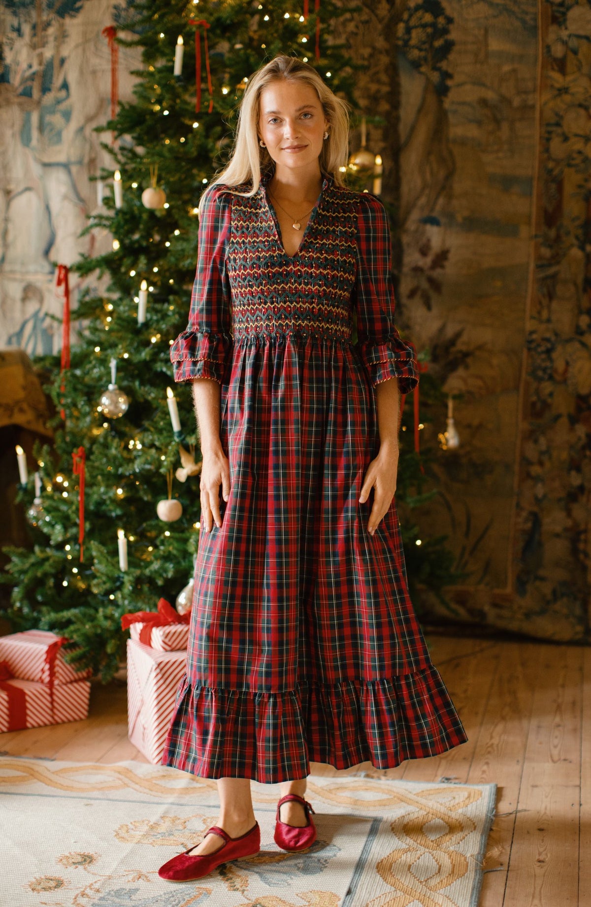 Emmeline Pankhurst Dress McDonald Tartan with Green and Glitter Hand Smocking