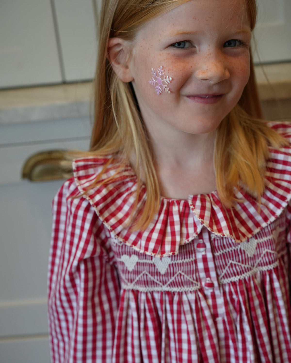 Nightingale Girl's Dress Crimson Gingham with Snow Angel Hand Smocking