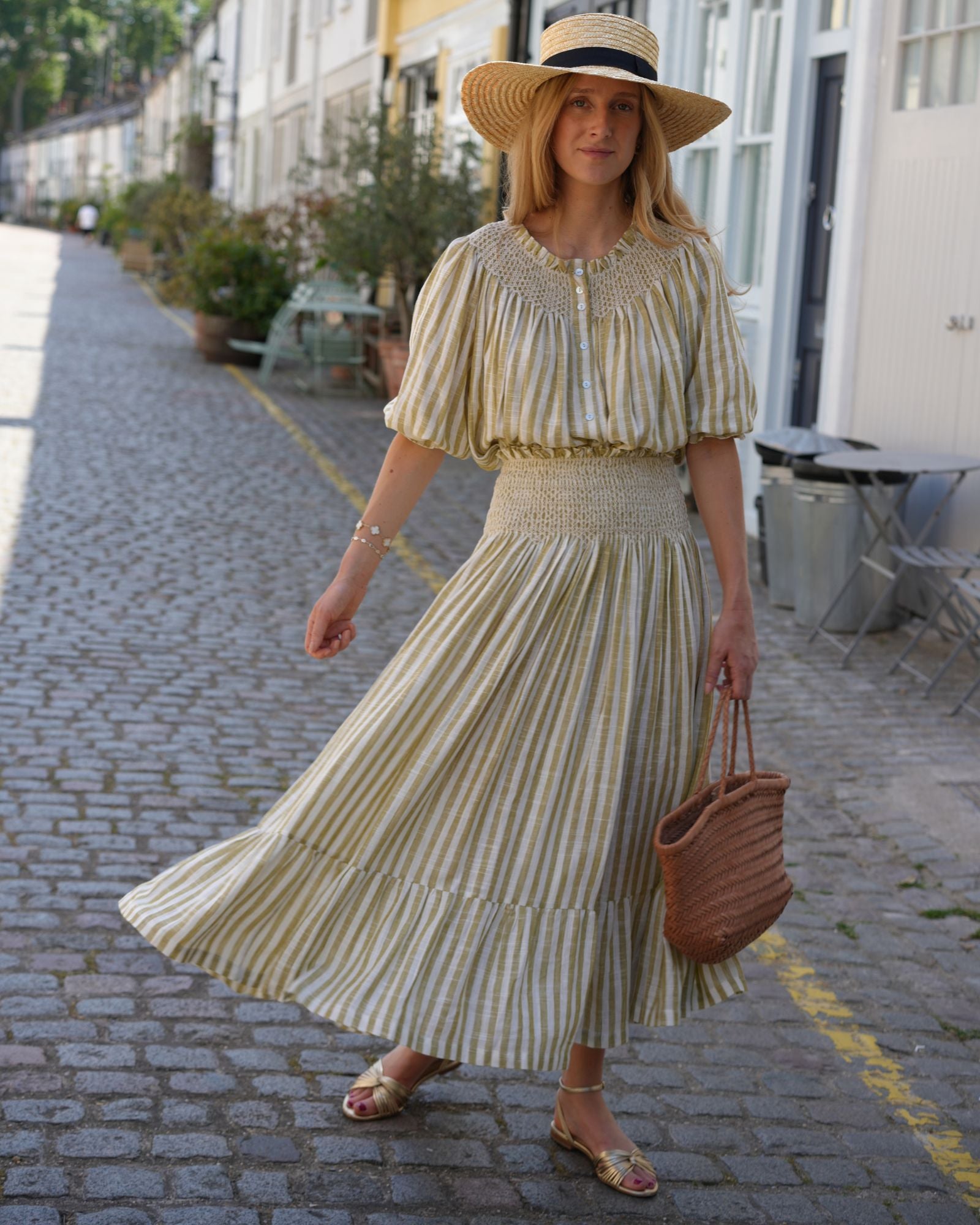 Domenica Marland x Smock London Sullivan Skirt Pistachio Stripes with Ecru Hand Smocking