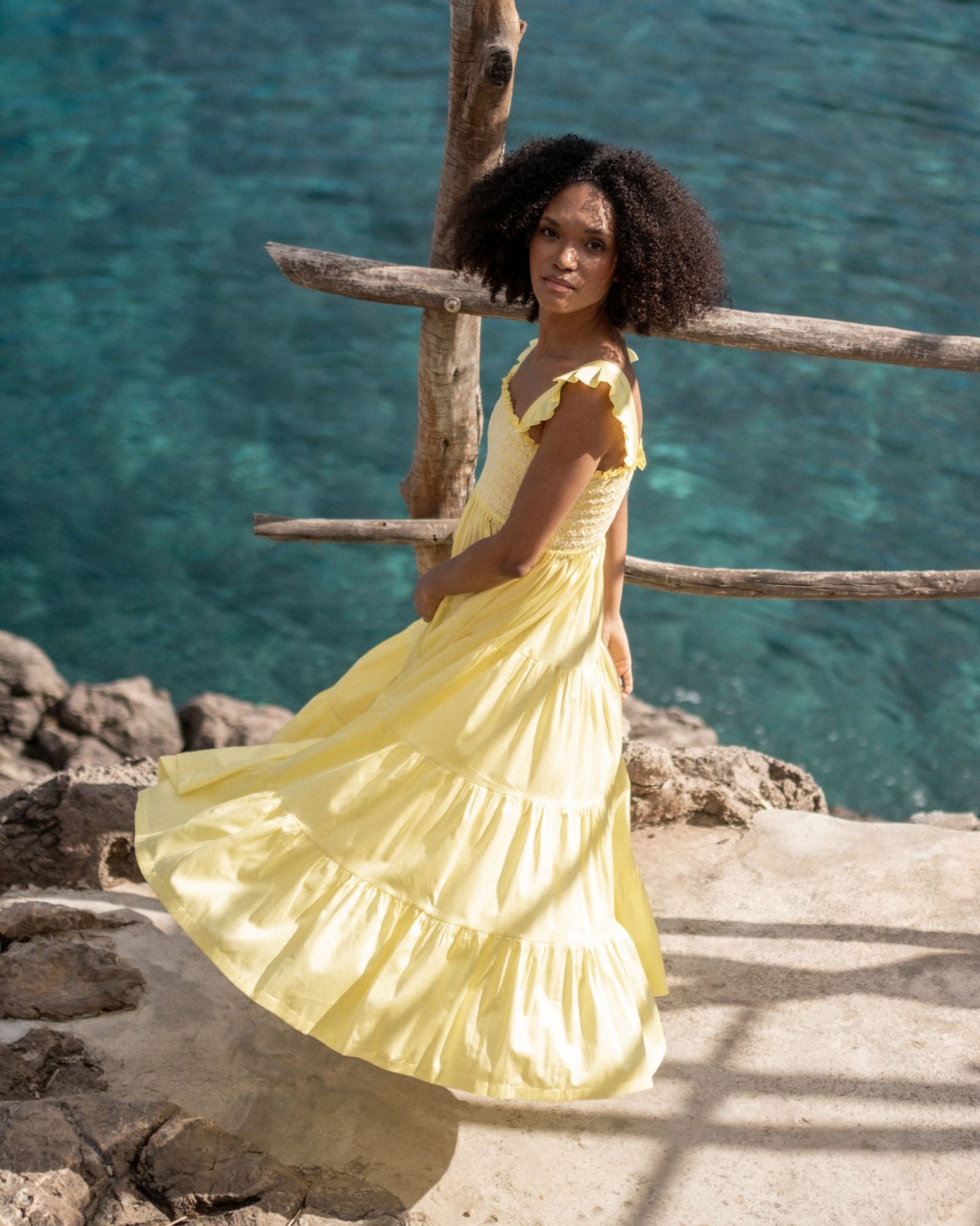 Rachel Carson Dress Lemon Cotton Lawn with Chantilly Hand Smocking