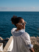 Scholl Women's Summer Blouse White with Sapphire Hand Smocking