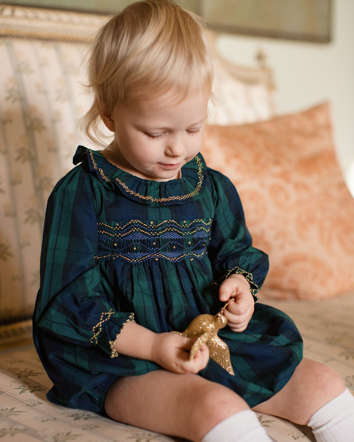 Jane Austen Romper Blackwatch Tartan with Midnight Star Hand Smocking