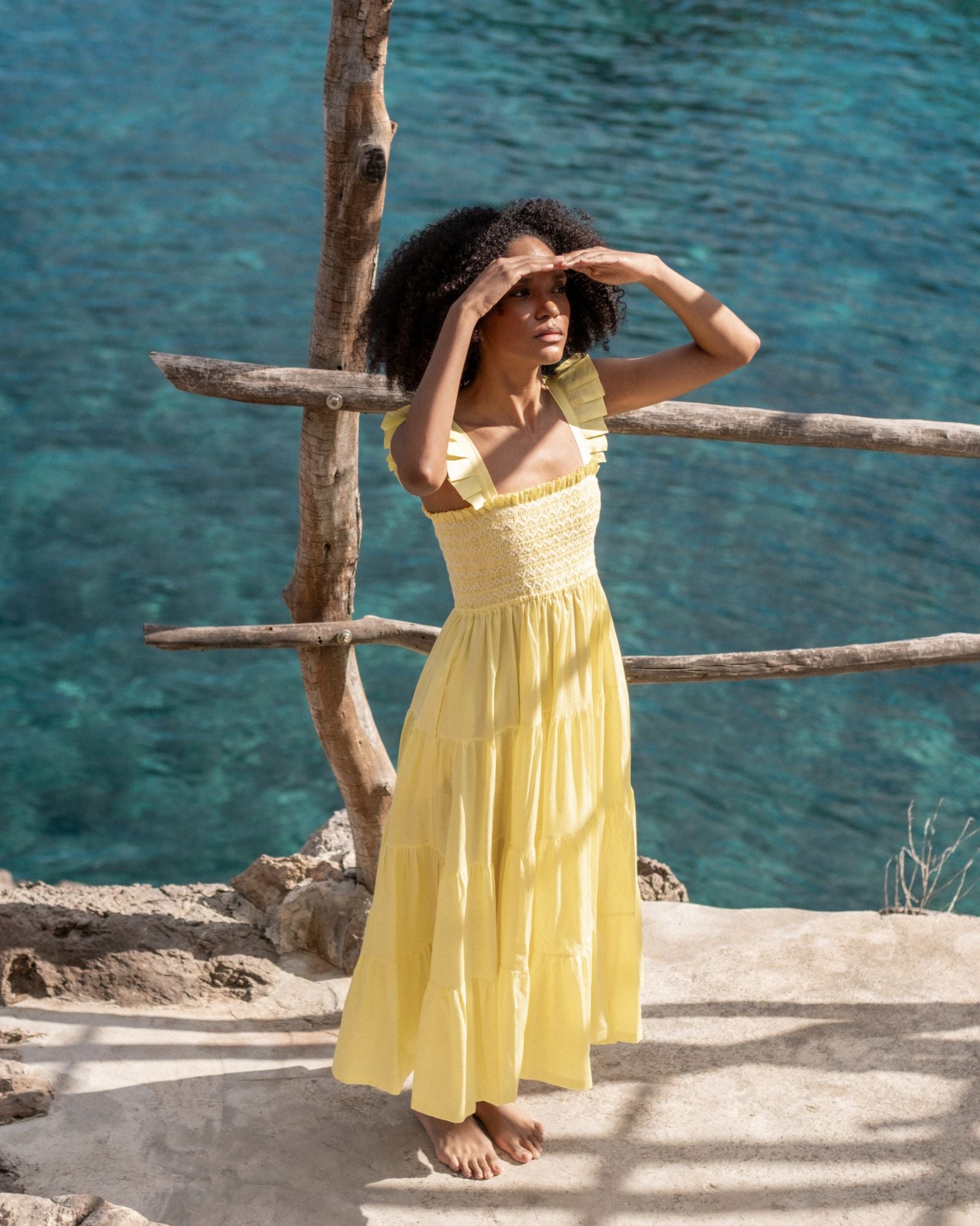 Rachel Carson Dress Lemon Cotton Lawn with Chantilly Hand Smocking