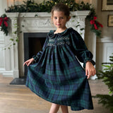 Nightingale Girls Dress Black Watch Tartan With Golden Hearts Hand Smocking