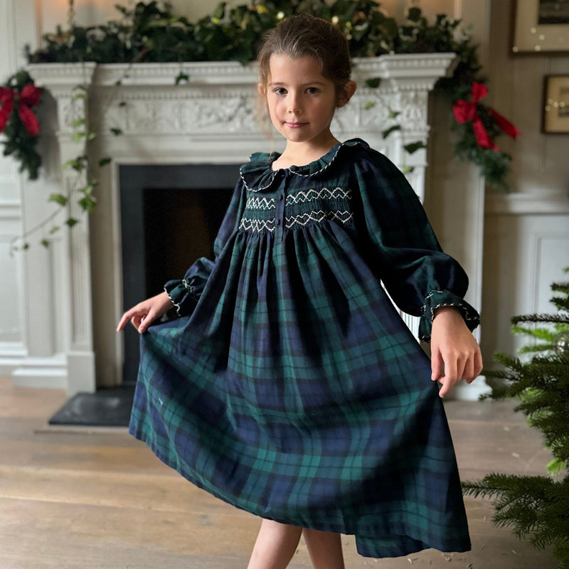 Nightingale Girls Dress Black Watch Tartan With Golden Hearts Hand Smocking