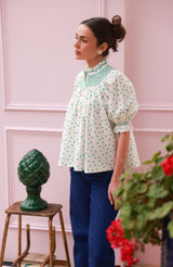 Scholl Blouse Frog Polka cotton with Jade Hand Smocking Edition 59
