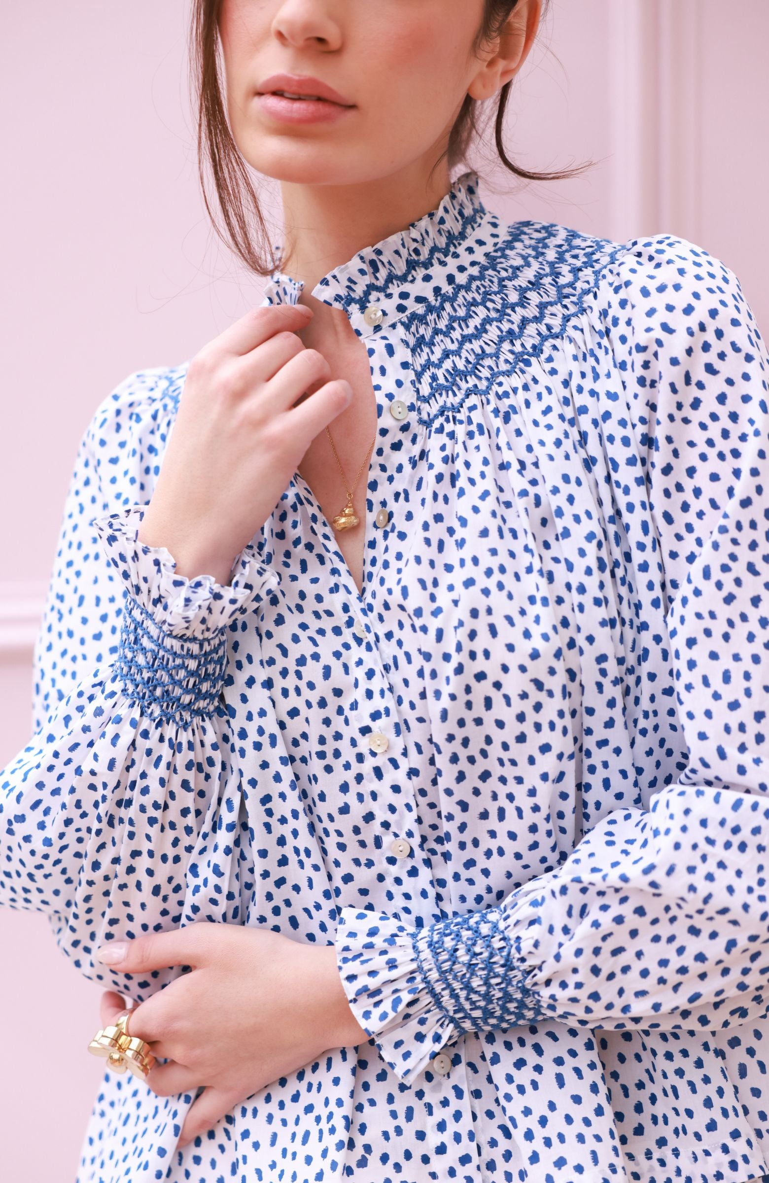 Scholl Blouse Blue Leopard with Sapphire Hand Smocking Edition 64