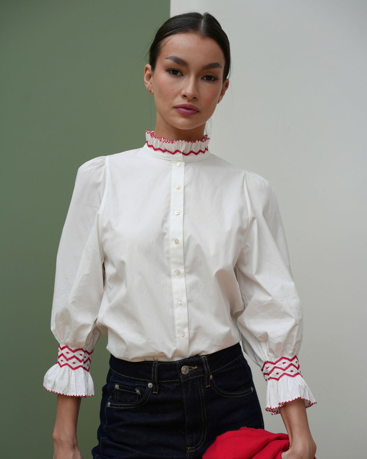 Shelley Blouse White Cotton with Pillar Box Red Hand Smocking
