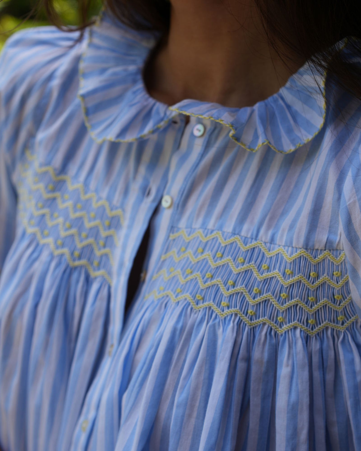 Betsy Fry Blouse Forget Me Not Stripe with Lemonade Hand Smocking Edition 22
