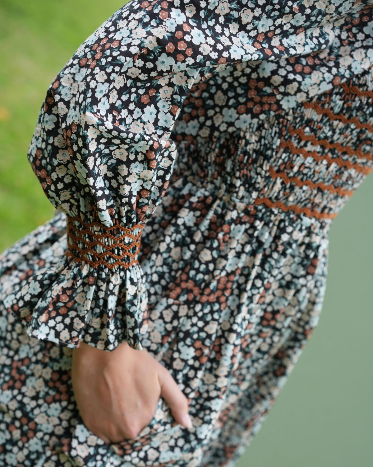 Emmeline Pankhurst Women's Dress Autumn Floral with Conker Hand Smocking