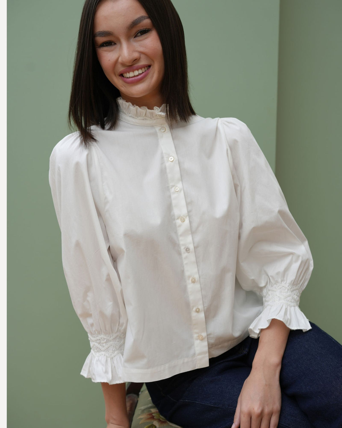Shelley Blouse White Cotton with Ivory Hand Smocking