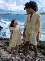 2-3y Indira Gandhi Flutter Dress Yellow Submarine Seersucker with Lychee Lemonade Hand Smocking