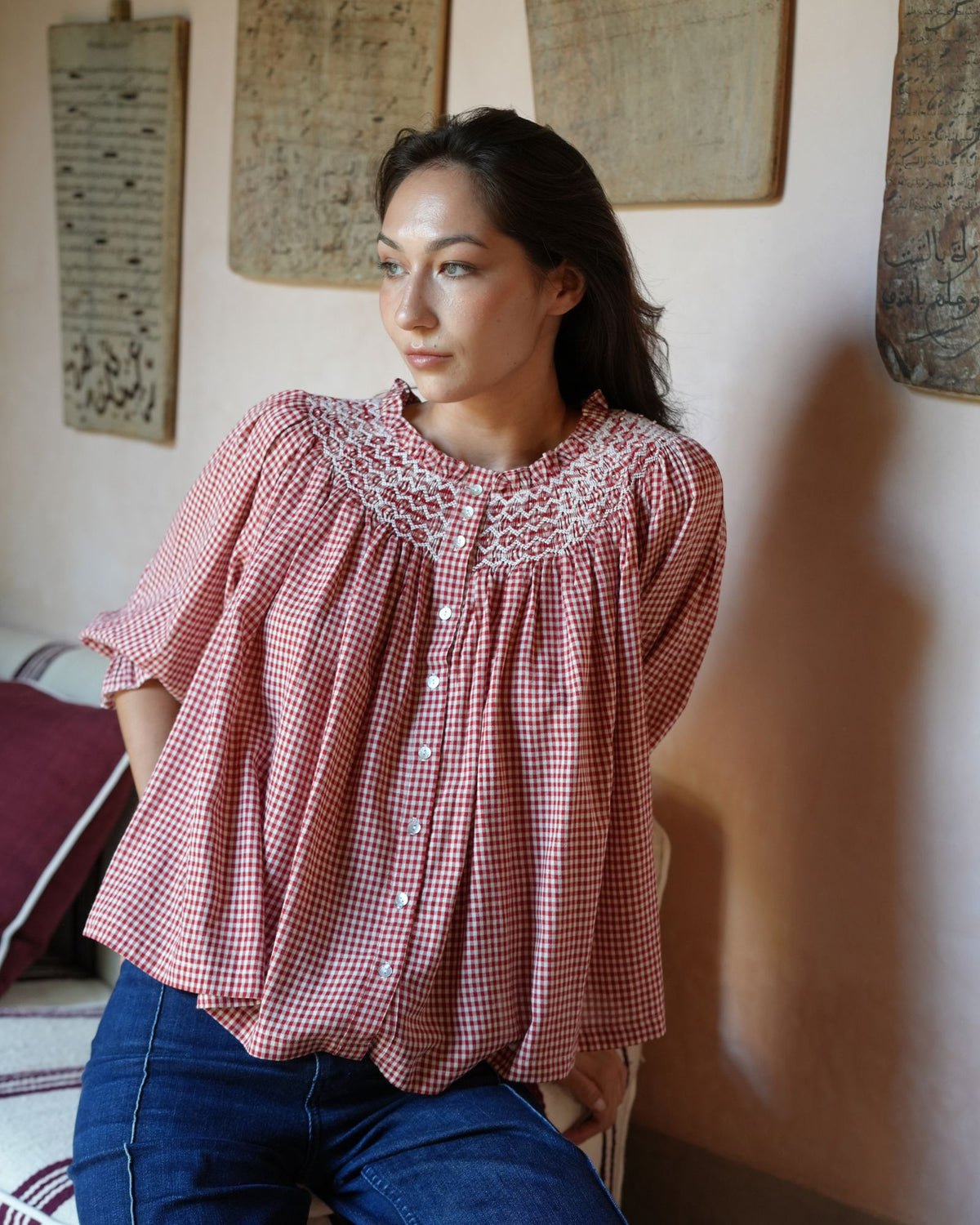 Cleopatra Blouse Red Apple Vichy with Cream Hand Smocking Edition 48