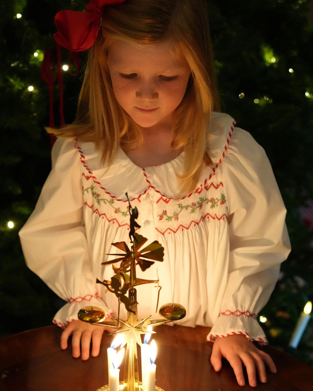 Nightingale Girl's Dress with Candy Cane Piping and Christmas Garland Hand Smocking