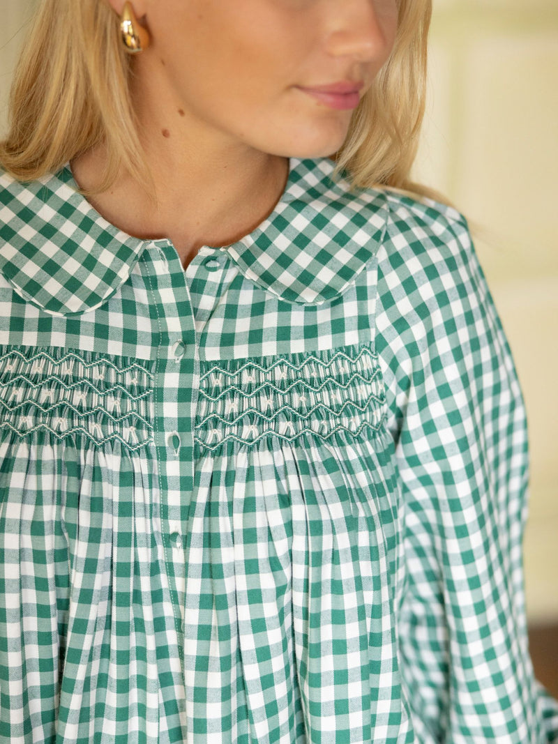 Marie Curie Blouse Holly Gingham with Mistletoe Hand Smocking