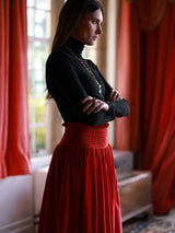 Sullivan Women's Skirt Crimson Needlecord with Gold Coin Hand Smocking