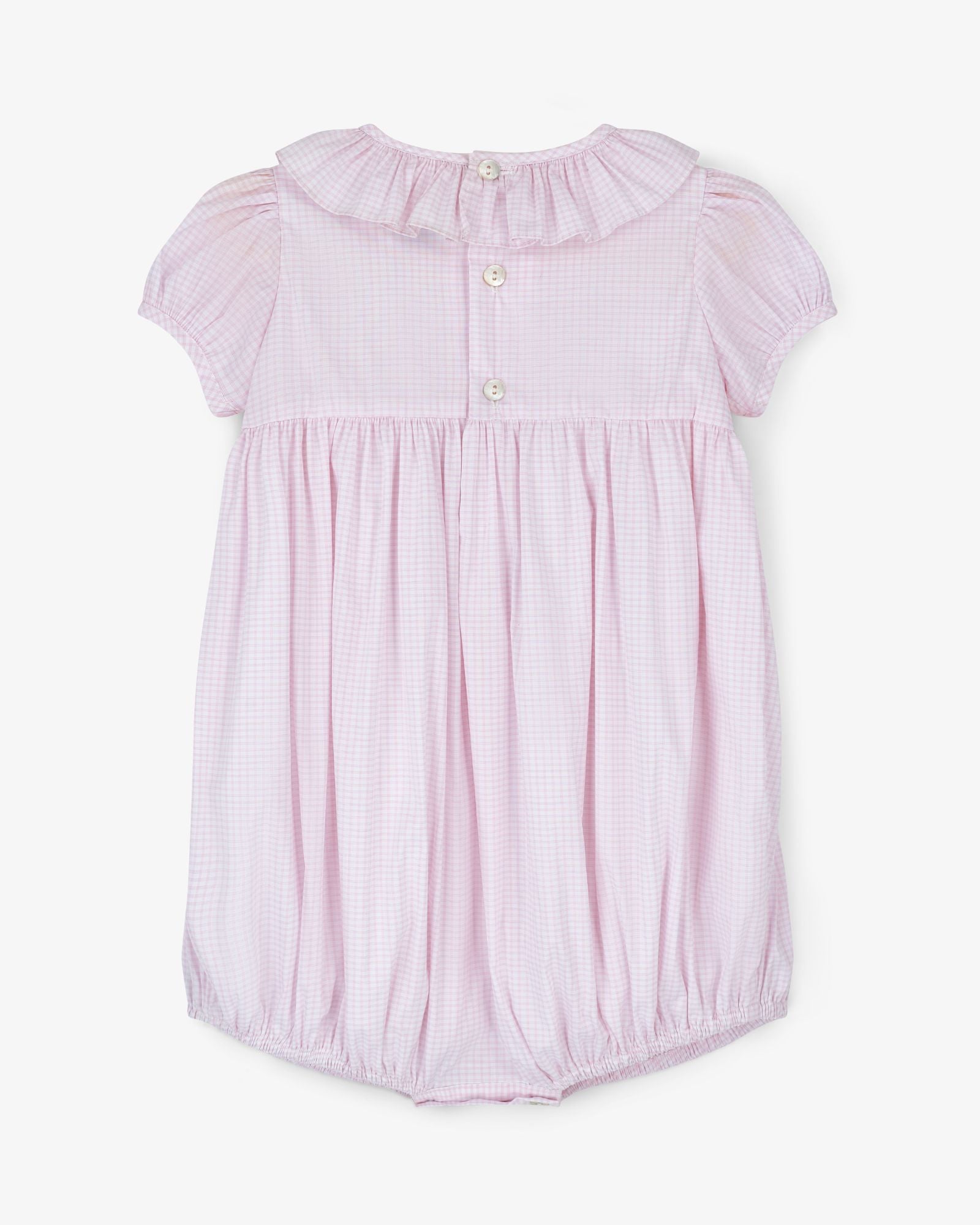 Jane Austen Romper Pink Grid cotton with Strawberrylicious Hand Smocking