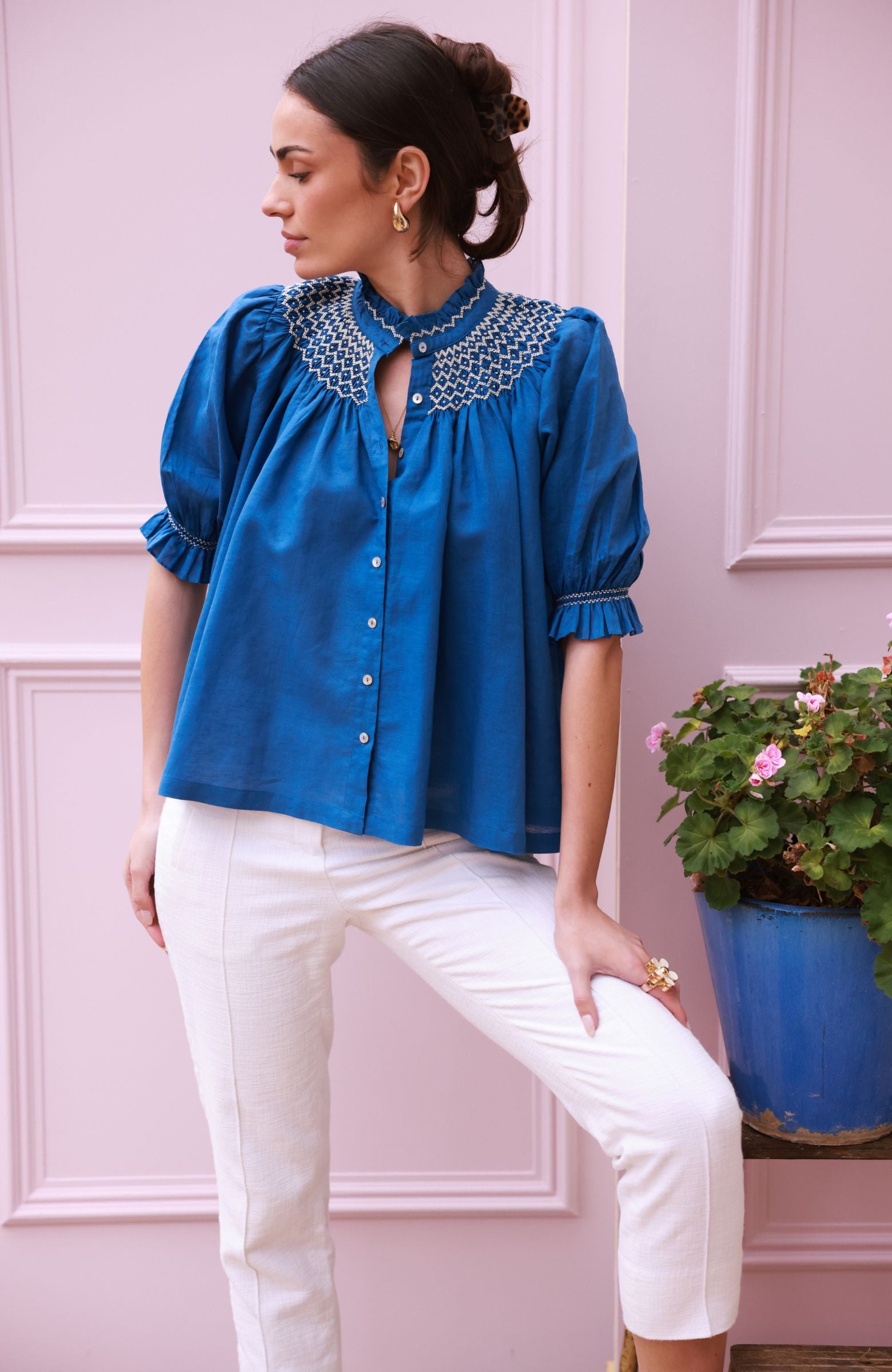 Scholl Blouse Cobalt Linen with Vanilla Hand Smocking Edition 54