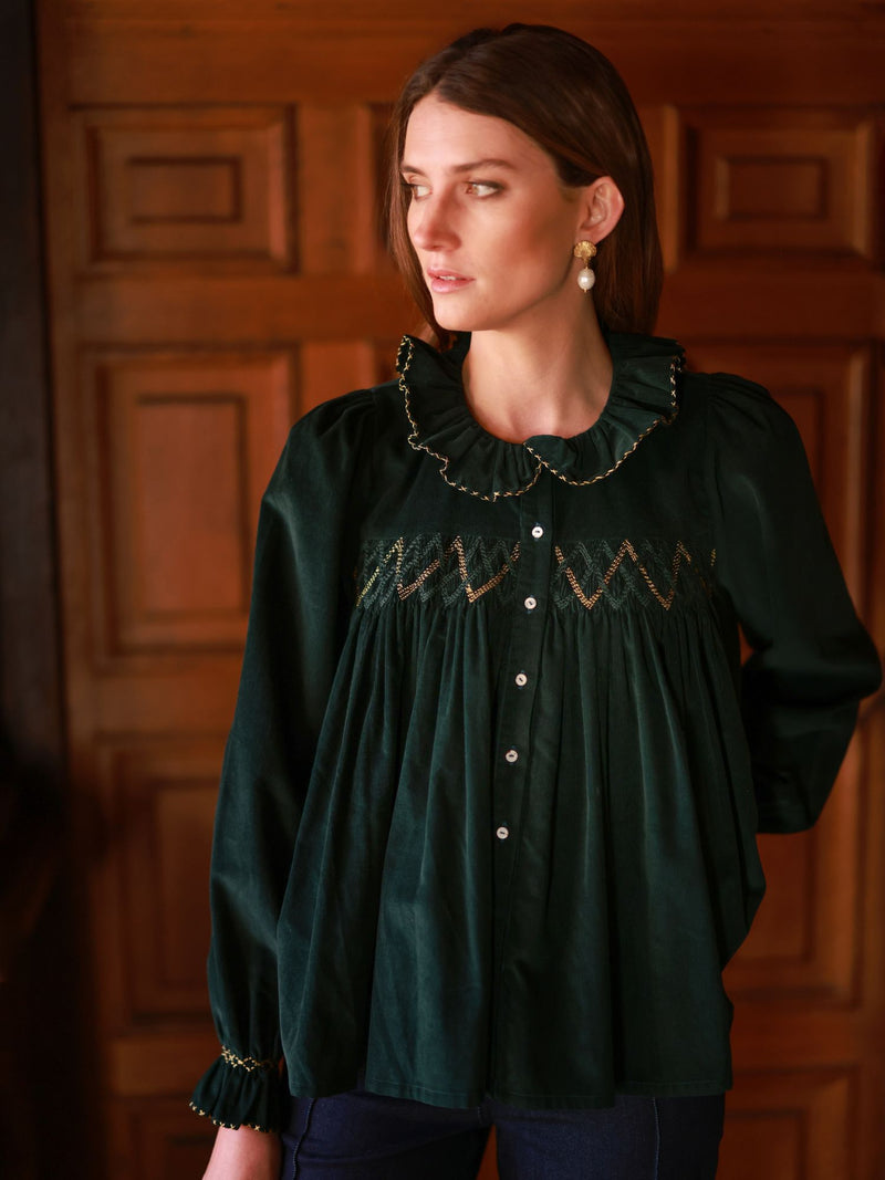 Betsy Fry Blouse Pine Tree Needlecord with Nordic Sparkle Hand Smocking