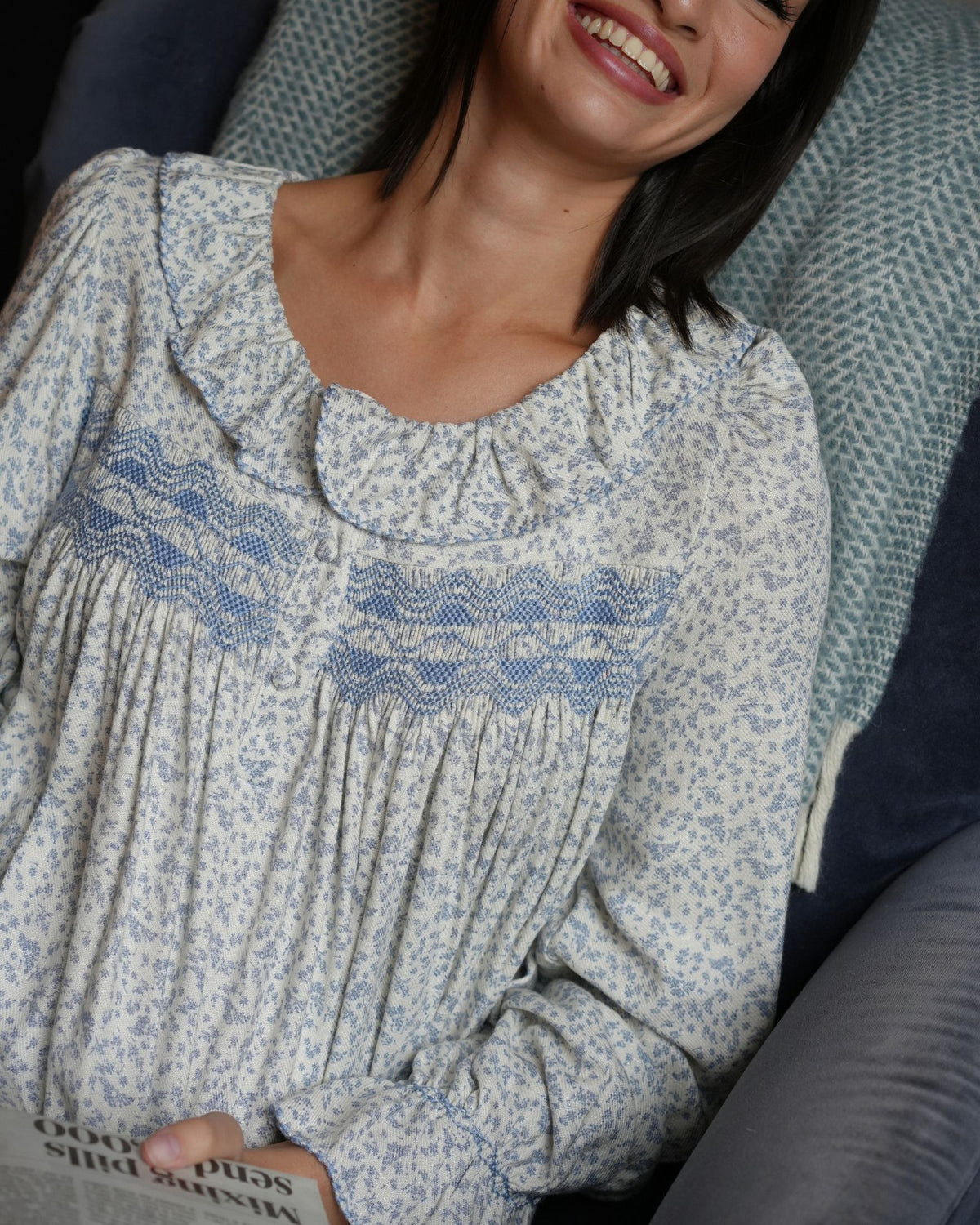 Women's Nightingale Dress Cornflower Ditsy with Bluebell Hand Smocking