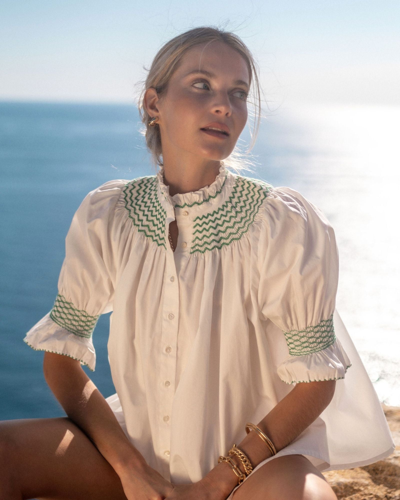 Scholl Women's Summer Blouse White with Green Apple Hand Smocking