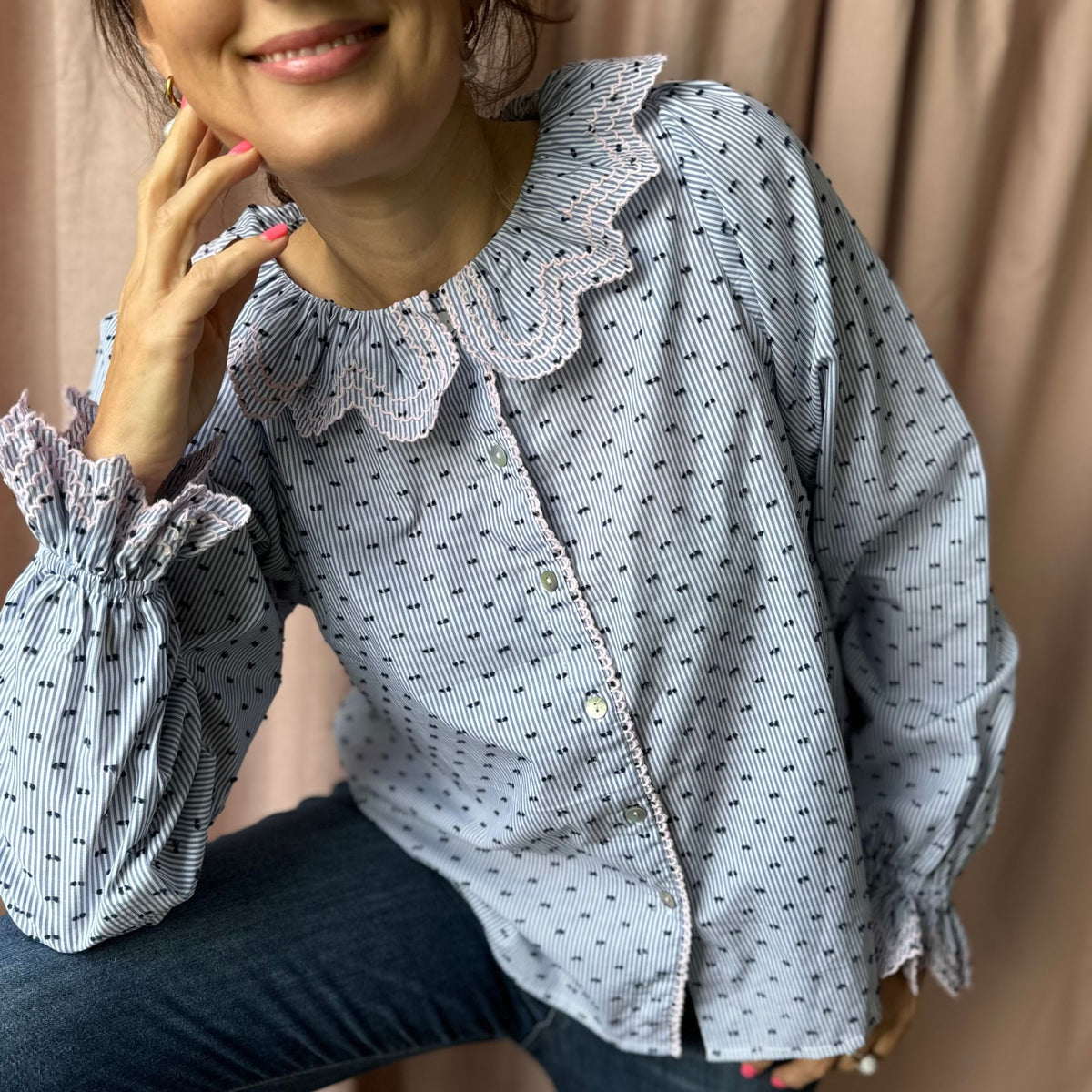 Small Bronte Blouse Indigo Plumetti with Ballet Slipper Embroidery