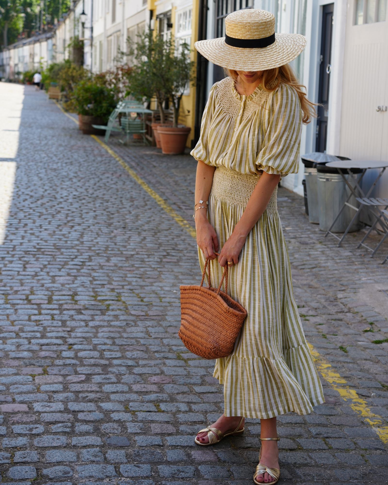 Domenica Marland x Smock London Sullivan Skirt Pistachio Stripes with Ecru Hand Smocking