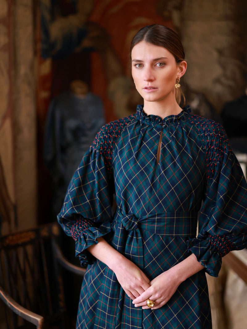 Aloha Wanderwell Dress McLaren Tartan with Cranberry Hand Smocking