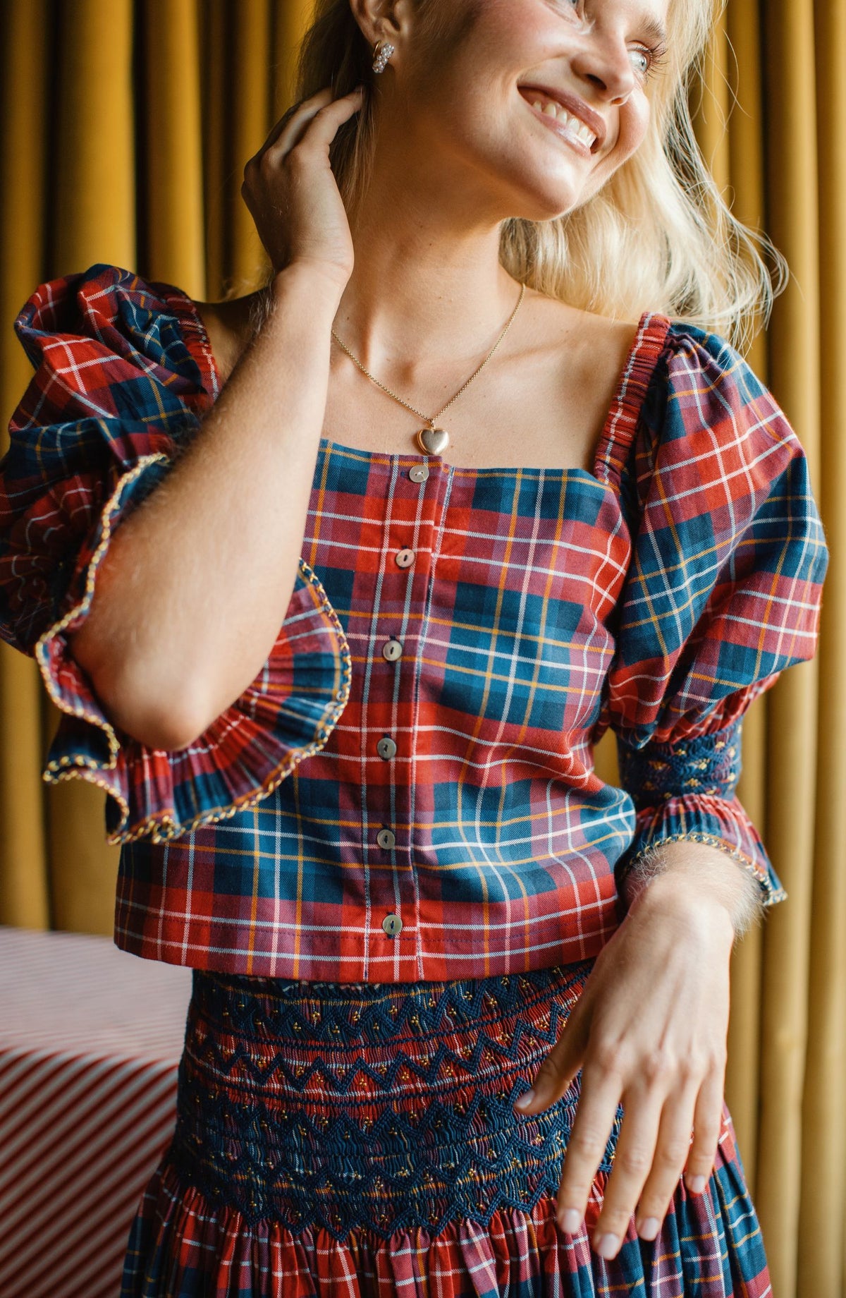 Sappho Blouse Wallace Tartan with Midnight Sparkle Hand Smocking