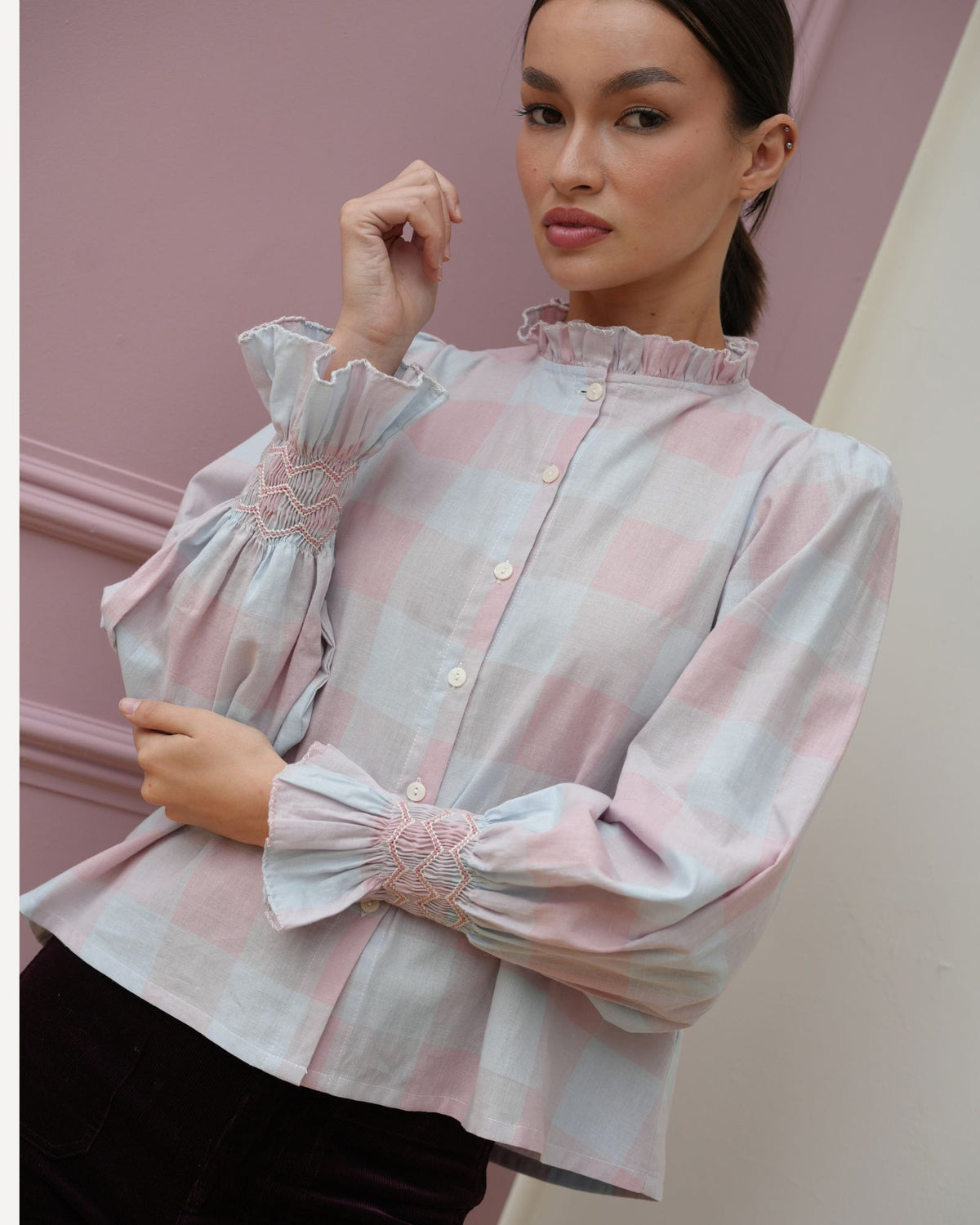 Shelley Blouse Sunset Gingham with Raspberry Ripple Hand Smocking Edition 24