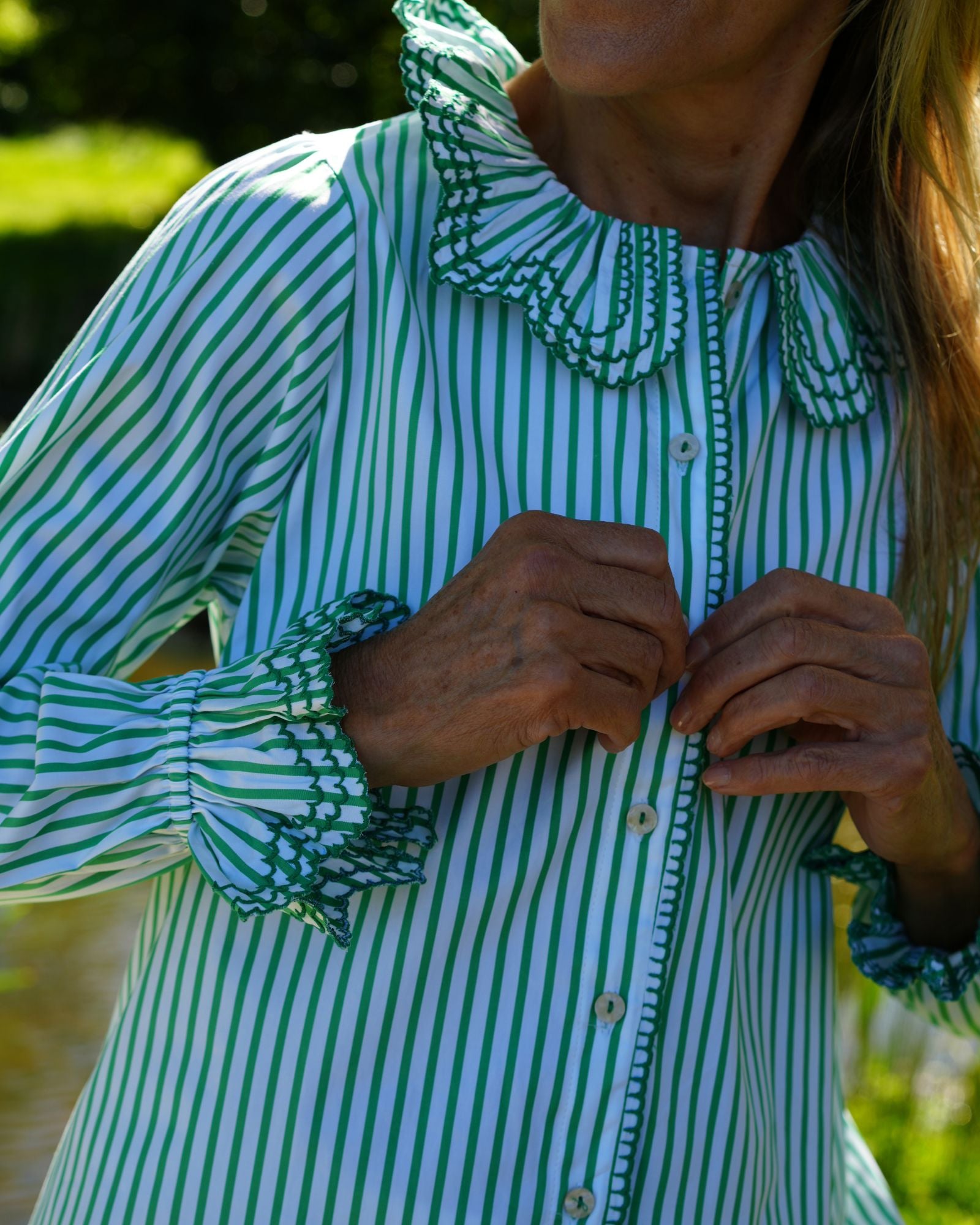 Bronte Blouse Mow the Lawn Stripe with Grass Embroidery