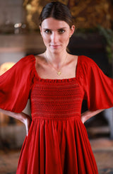 Ella Fitzgerald Women's Dress Crimson Silk-Cotton with Sleigh Bell Hand Smocking