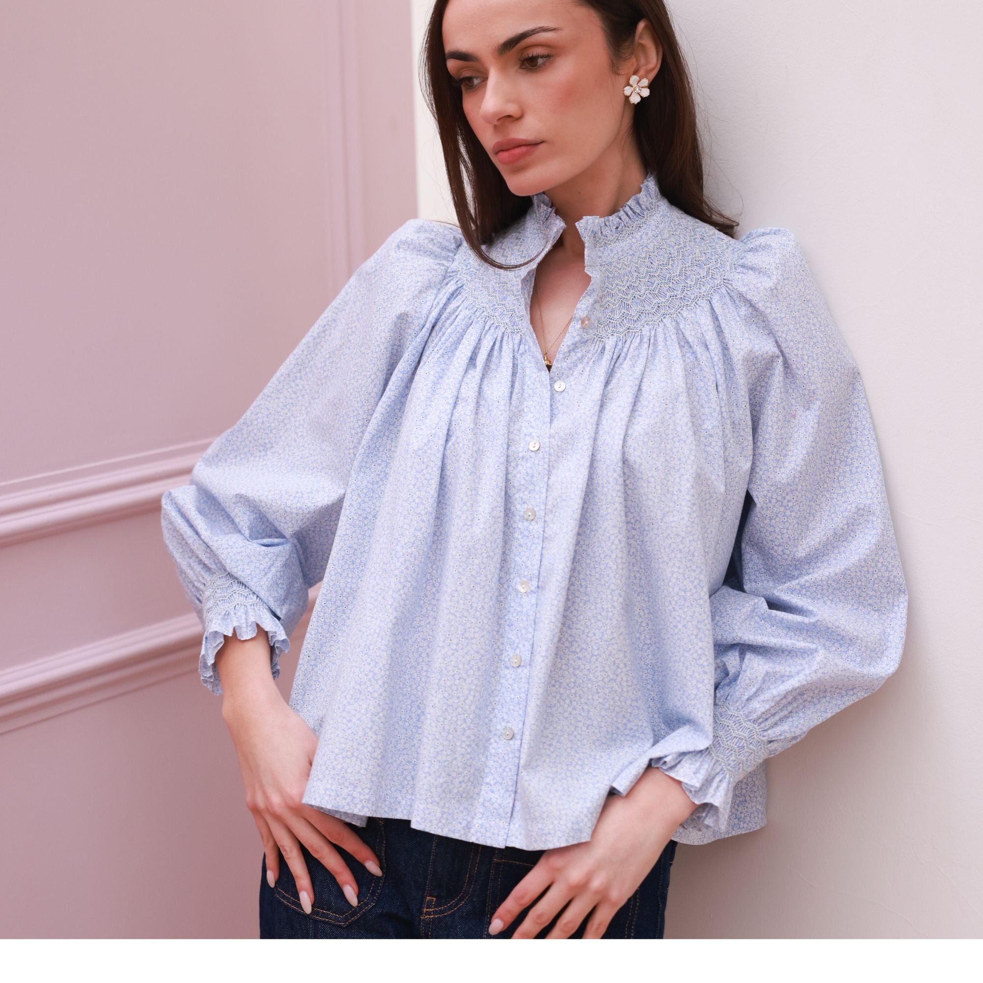 Scholl Blouse Periwinkle Ditsy with Blue Mist Hand Smocking Edition 63