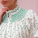 Scholl Blouse Frog Polka cotton with Jade Hand Smocking Edition 59