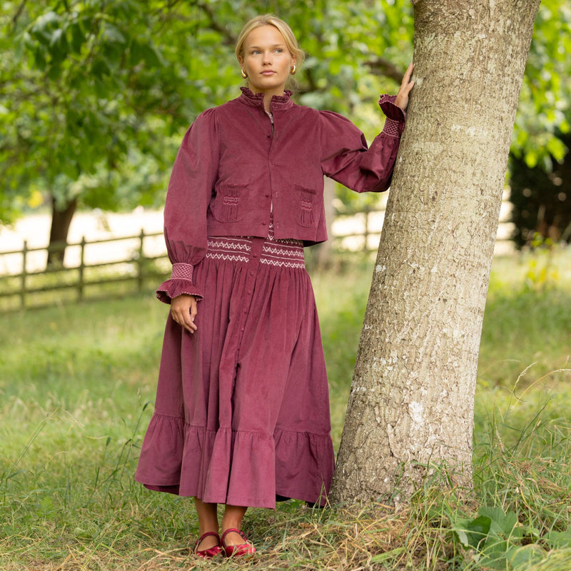 Bobbi Gibb Jacket Mulberry Needlecord with Blackberry Crumble Hand Smocking