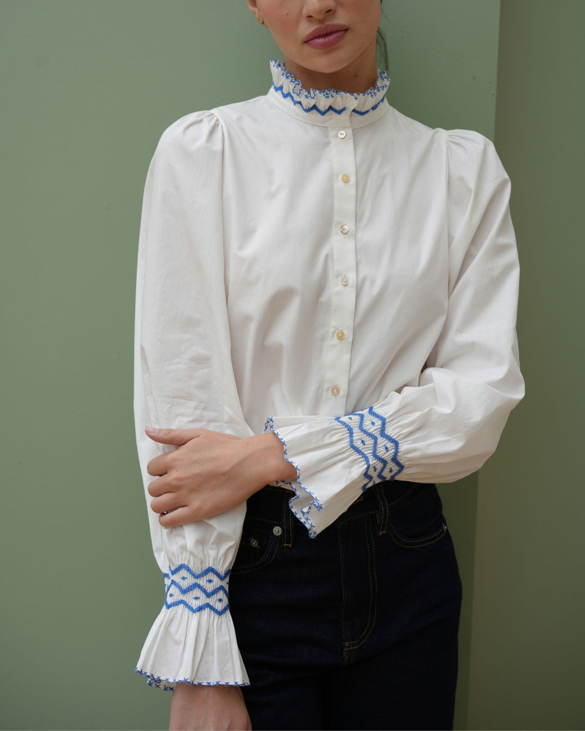 Shelley Blouse White Cotton with Sapphire Hand Smocking