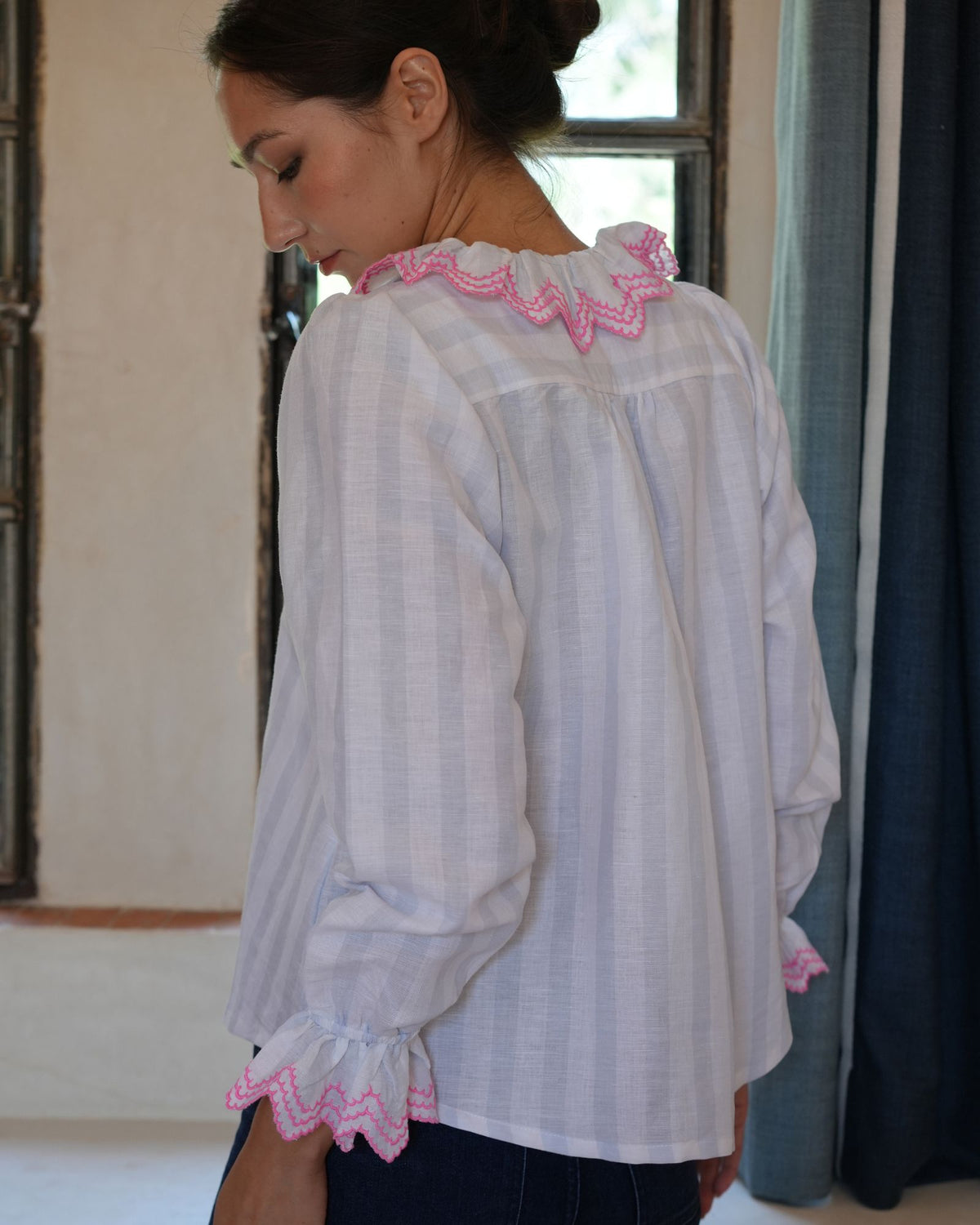 Bronte Blouse Blue Misty Stripe with Pink Fizz Embroidery