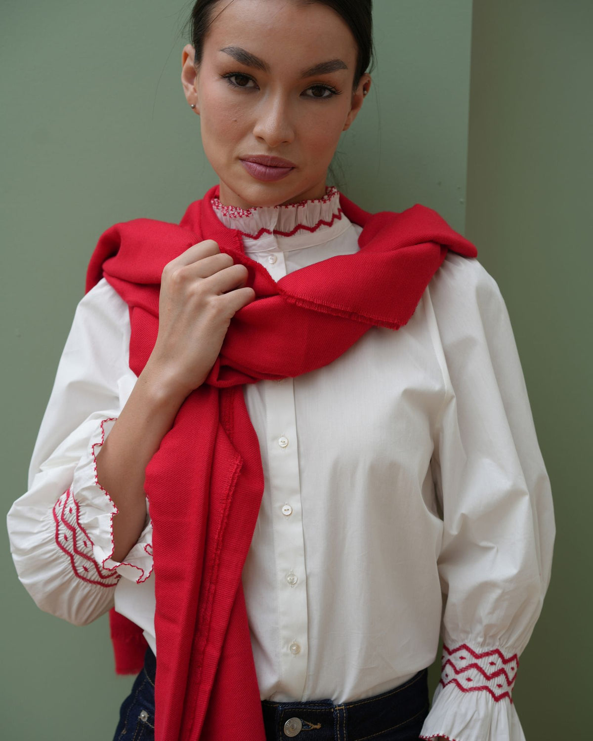 Shelley Blouse White Cotton with Pillar Box Red Hand Smocking