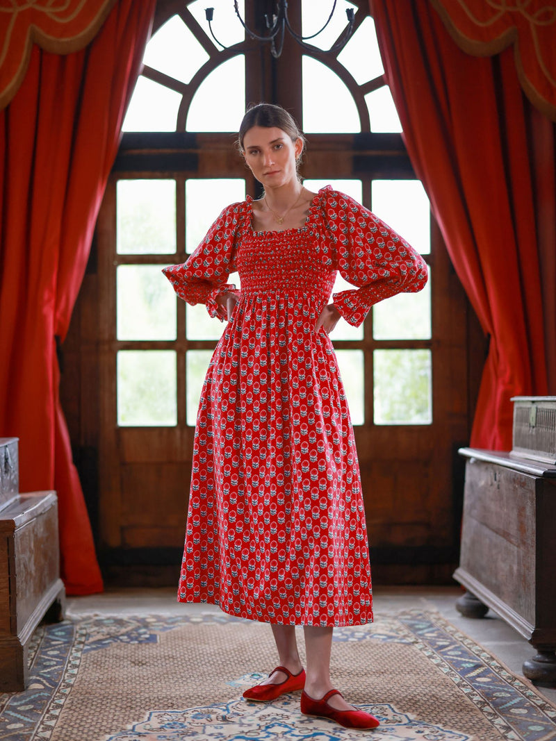 Josefine Butler Dress Christmas Marigold with Scarlet and Spice Hand Smocking