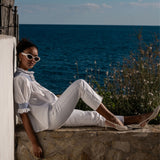 Scholl Women's Summer Blouse White with Sapphire Hand Smocking