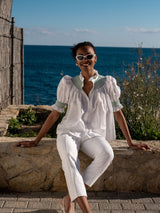 Scholl Women's Summer Blouse White with Green Apple Hand Smocking