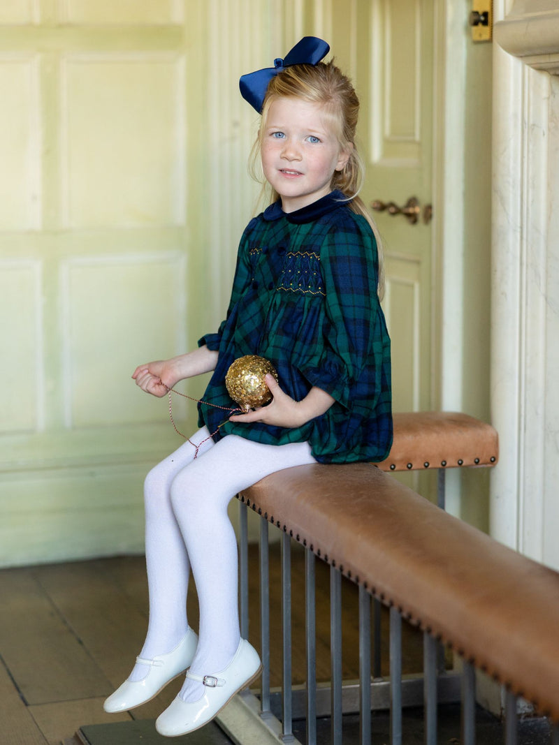 Margaret Thatcher Romper Black Watch Tartan with Golden Glimmer Hand Smocking