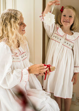 2-3y Samantha Varvel x Smock London Nightingale Girls Dress Moonstone White with Candy Cane Trim and Holly Hand Smocking