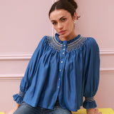 Cleopatra Blouse Cobalt Silk Cotton Sapphire with Vanilla Hand Smocking Edition 33