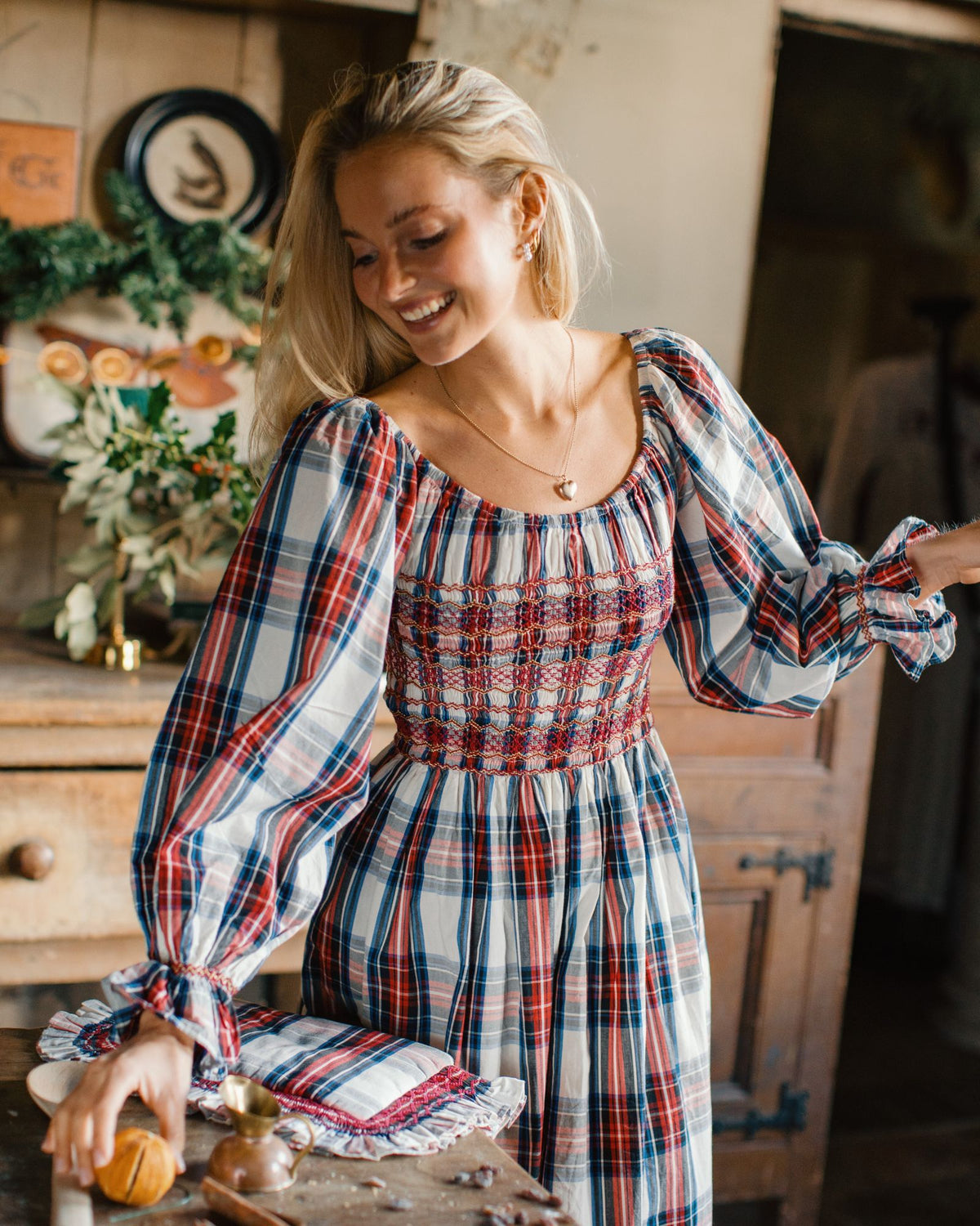 Amelia Earhart Dress Britannia Check with Winter Berry Hand Smocking