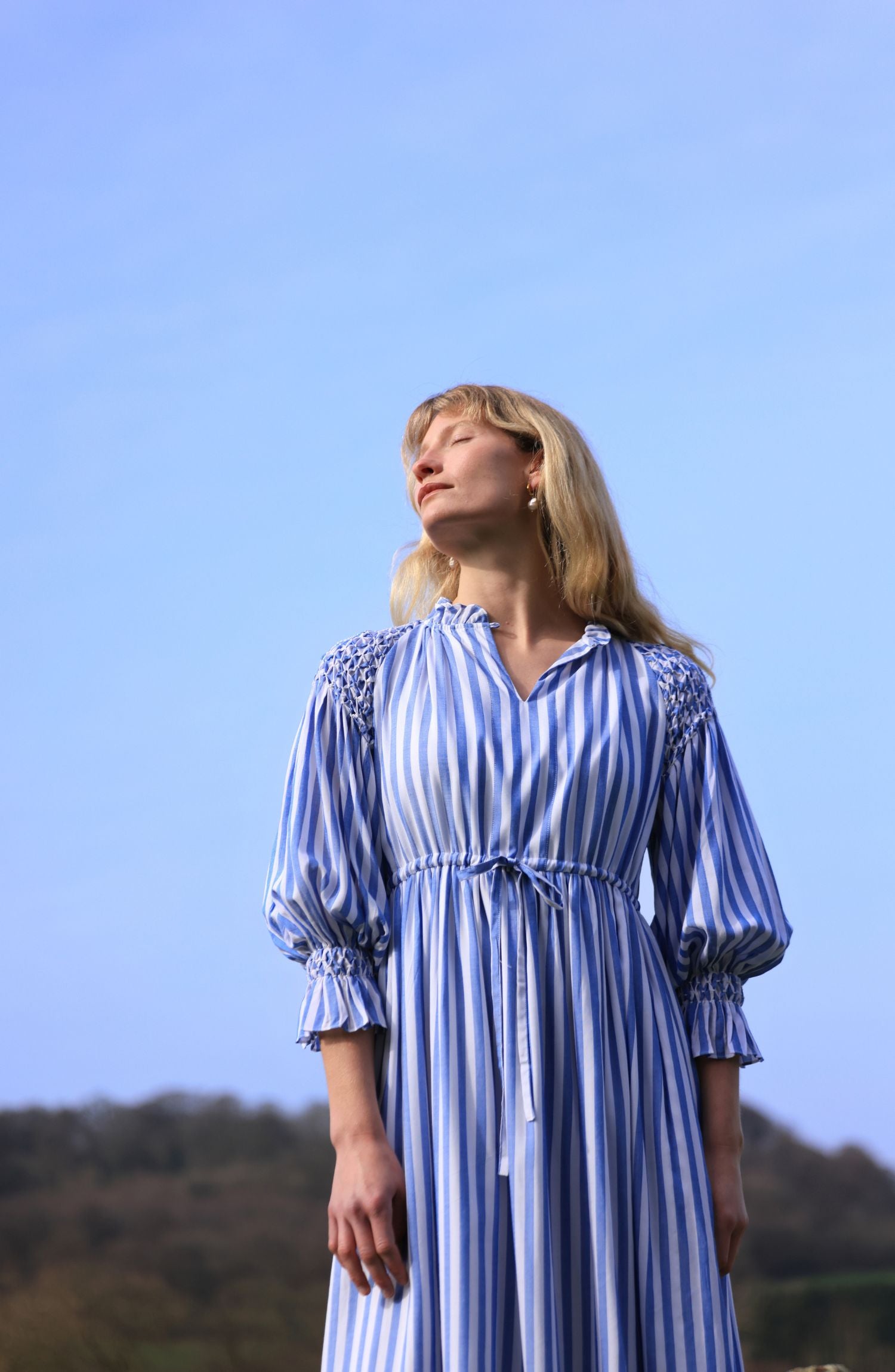 Aloha Wanderwell Dress Ocean Stripe with White Honeycomb Hand Smocking